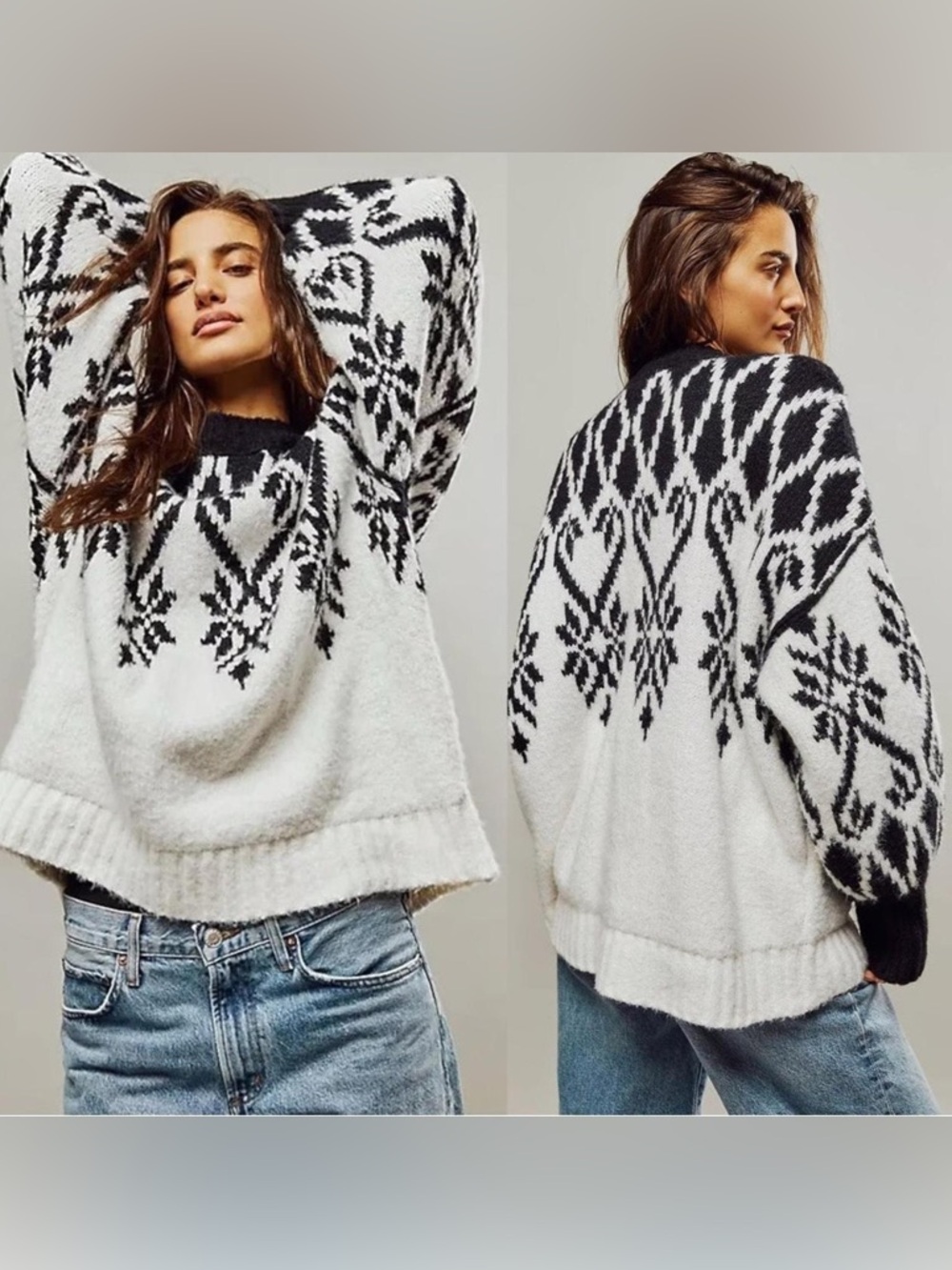 Free People Fireside Tunic Sweater Black & White Fair Isle Crewneck
